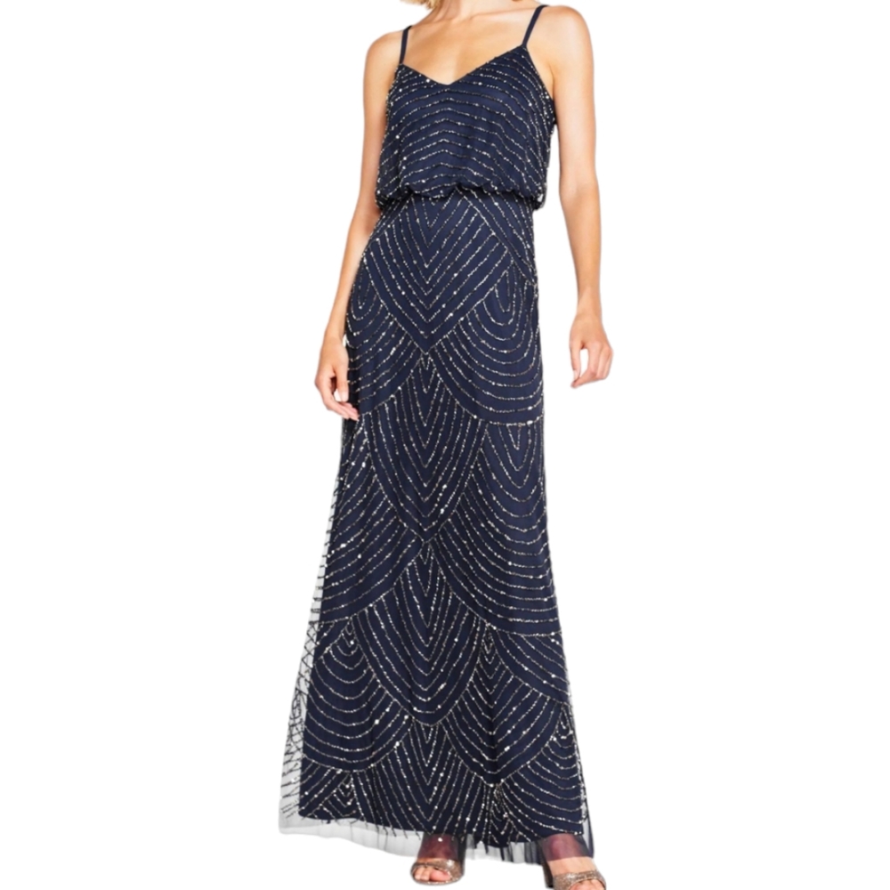 Adrianna Papell Womens size 8 Art Deco Maxi Beaded Navy Dark Blue Formal Dress